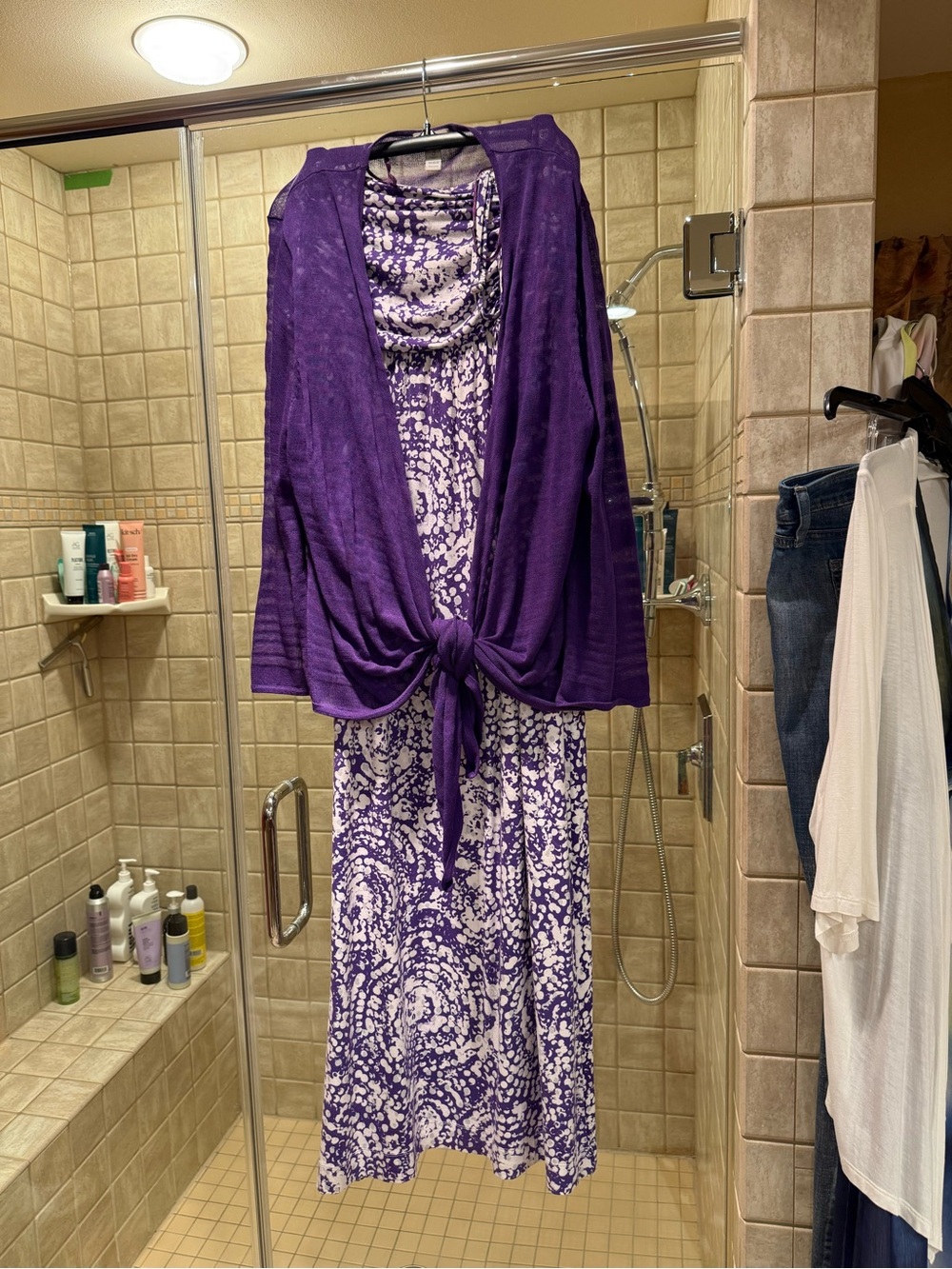 Zenergy by Chico's Purple & White Printed Maxi Dress & Zenergy Tie Front Cardi